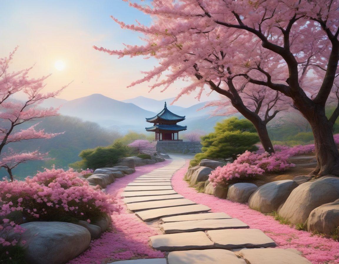 A serene landscape featuring a tranquil Korean temple surrounded by cherry blossom trees, with a meditative figure practicing mindfulness on a stone path. The sky is illuminated with soft pastels of dawn, symbolizing hope and emotional growth. Include subtle symbols of psychological concepts, like brain motifs intertwined with nature. super-realistic. vibrant colors. ethereal atmosphere.