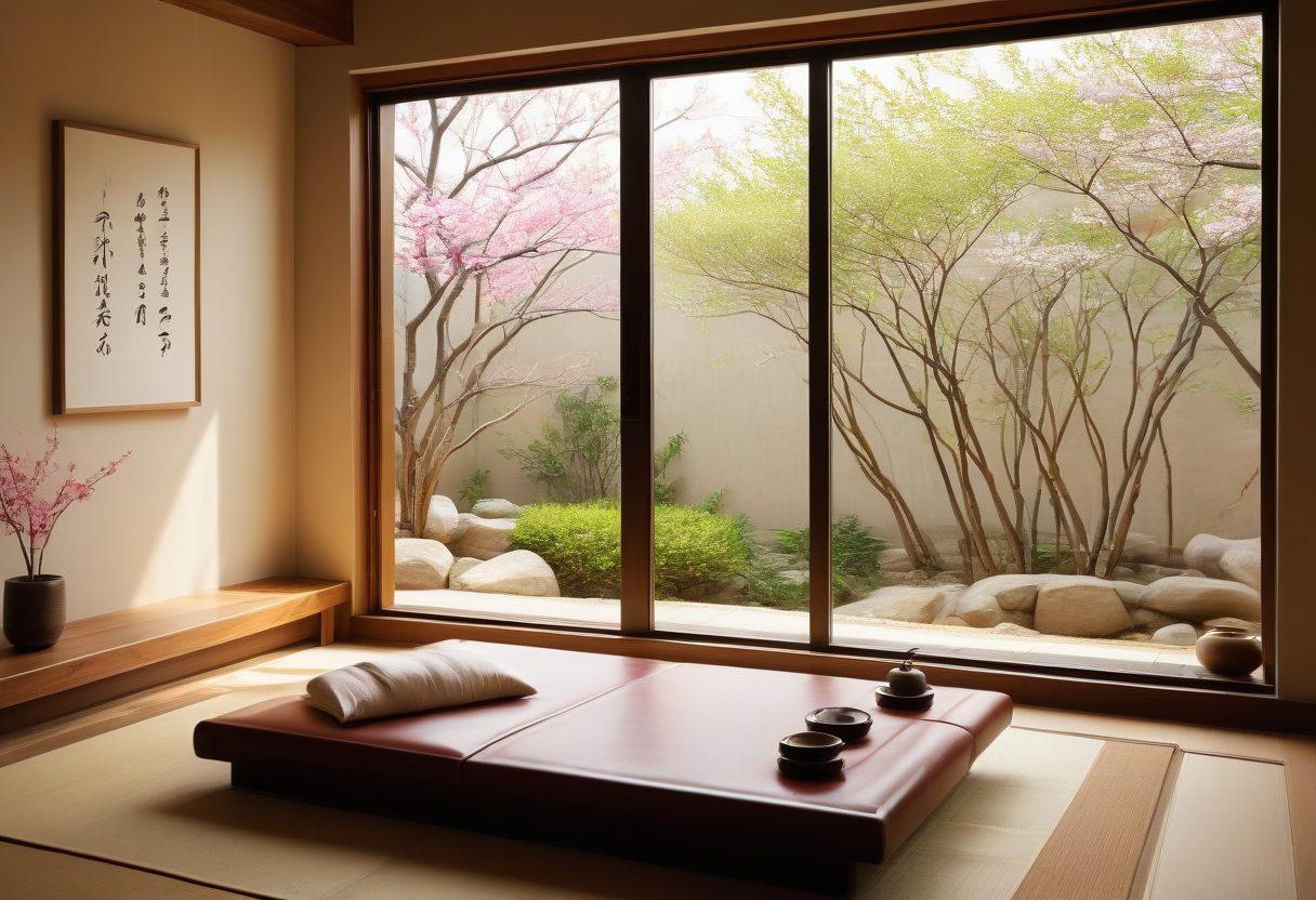 A serene counseling session in a traditional Korean setting, featuring a calm therapist and a diverse group of clients engaged in deep conversation. Soft ambient lighting filters through a window, displaying Korean calligraphy art on the walls and a tranquil garden outside. Elements of nature such as bamboo and cherry blossoms create a peaceful atmosphere, symbolizing growth and healing. The clients appear relaxed, reflecting a sense of wellness and connection. super-realistic. vibrant colors. warm tones.