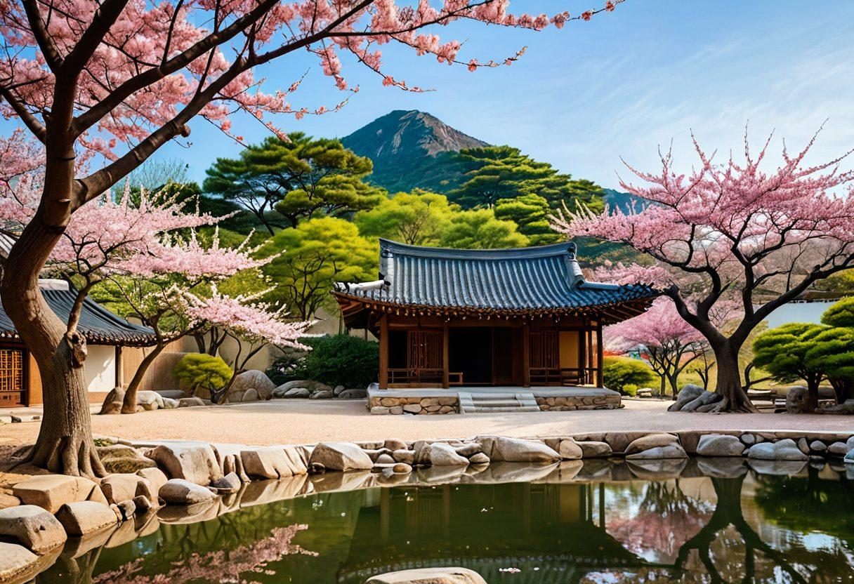 A serene garden scene representing Korean culture, featuring a traditional Hanok house, blooming cherry blossom trees, and a meditative pond. Include individuals practicing mindfulness, engaging in conversations, and showing expressions of emotional resilience. Soft pastel colors to evoke calmness and harmony. super-realistic. vibrant colors.